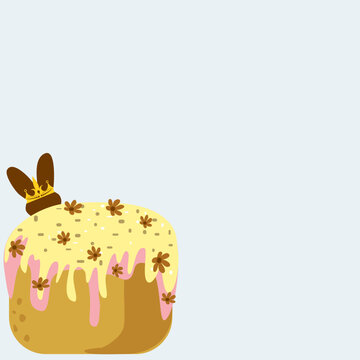 Easter cake with chocolate bunny in crown vector illustration. Traditional pascha bread with pink and yellow glaze on blue background. Festive greeting card template with large copy space