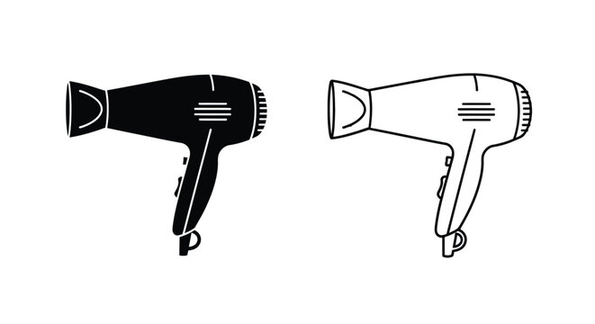 Two hair dryers depicted in contrasting shades black and white silhouette