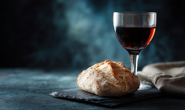Crystal glass of red wine with sourdough bread on dark wooden table for gourmet Easter dinner celebration