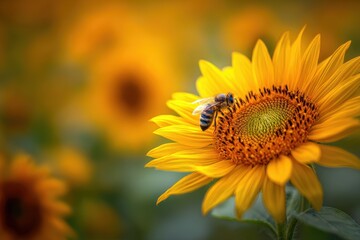 Obraz premium Close-up photograph of a honeybee on a bright sunflower under warm summer light