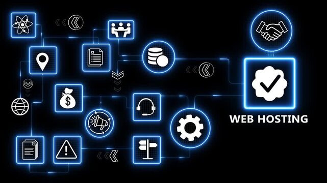 Web hosting system with server infrastructure and cloud management workflow for website performance and online service delivery solutions 4k animation video