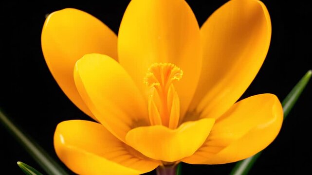 Vibrant yellow crocus flower blooming against a dramatic black background