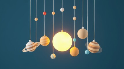 Fototapeta premium Hanging planets, sun illustration. Soft colors, minimalist design. Celestial bodies suspended, creating dreamy atmosphere.