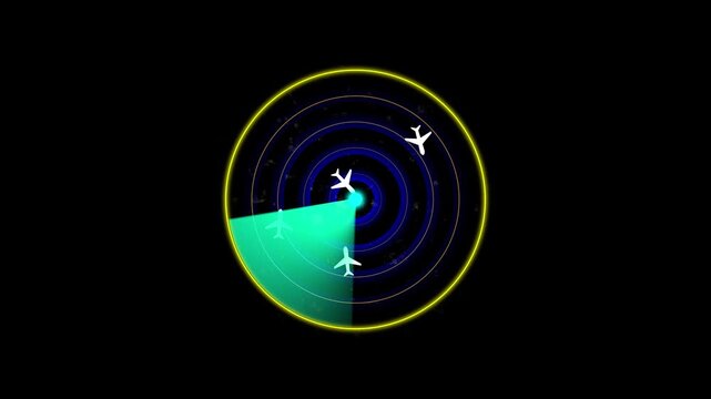 The touristic head-up display with radar, target tracking, and data panels 4k video . Radar vertical a guidance and signal icon 4k animation for aircraft systems on a black background