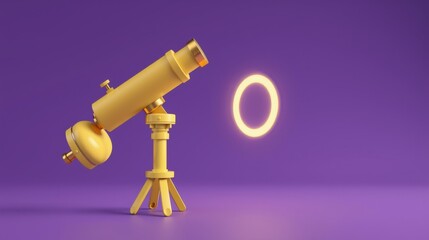 Fototapeta premium Yellow telescope stands on tripod. Bright ring floats nearby. Minimalist studio shot, purple background creates contrast. Simple design.