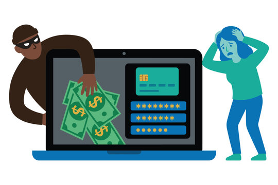 Cybersecurity concept with hacker stealing money from laptop showing online fraud.