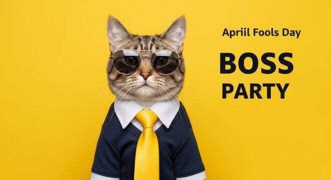 Funny Cat design Cool Boss theme Dressed Animal graphic Silly April Fools concept Humorous Party image april fools Wallpaper Background image