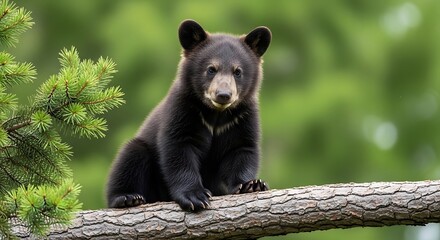 Obraz premium Adorable Young Black Bear Cub Perched on a Pine Tree Branch in the Wild