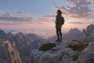 Obraz premium Contemplative moment on a rugged alpine summit with a woman facing the horizon