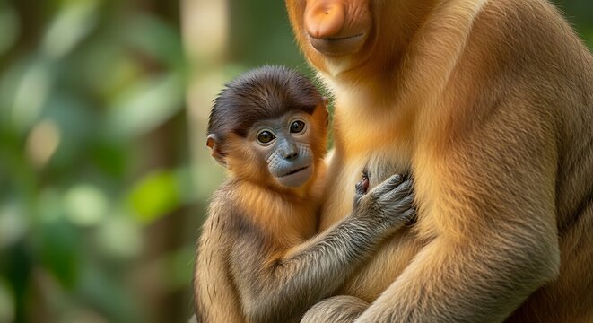 Close Up Portrait of an Infant Proboscis Monkey Clinging to its Mother in a Tropical Forest