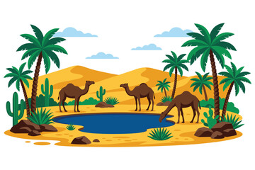 Obraz premium Desert oasis with palm trees and camels, dry season, desert animals.