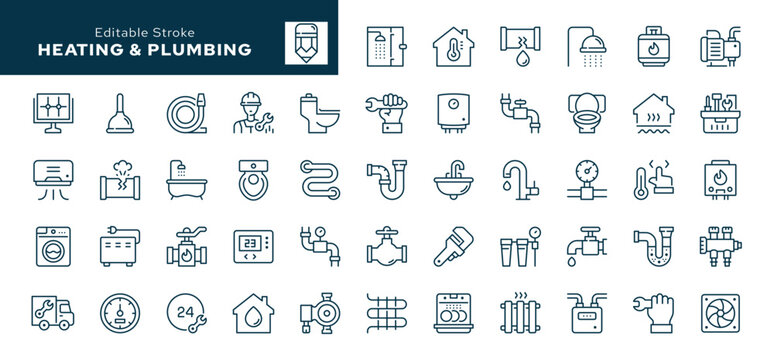 Heating and plumbing. Set of outline icons. Plumber, pipe, boiler, tap, meter, toilet, heated floor, gas wrench and more. Line icon in linear style. Vector collection	