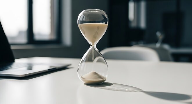 An hourglass on a white table, sunlight, and a blurred background. Shows time passing
