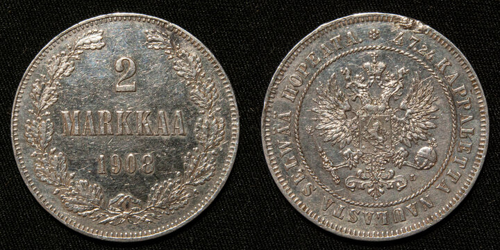 antique silver coin Russian Finland 2 marks 1908