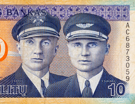 10 litas of Lithuania with the image of pilots Steponas Darius and Stasis Girenas. Lithuanian money.