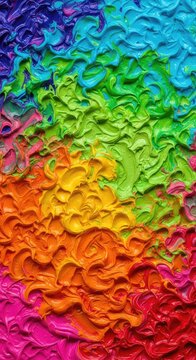 Vibrant chaotic swirls of thick acrylic paint creating a textured, energetic, and completely non-objective artistic background surface, movement, messy, design