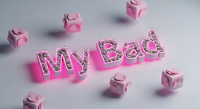 Artistic pink "My Bad" text with flower details, floating cubes, and ambient lighting