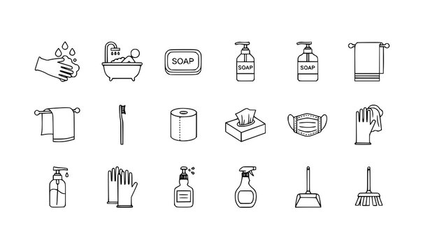 A set of black line art illustrations depicting various bathroom and hygiene icons on a white background