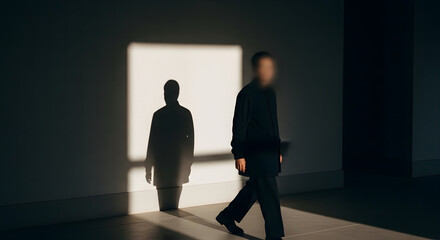 Obraz premium Silhouette of Man Walking Past Sharp Shadow on Minimalist Wall