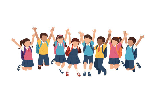 A group of cheerful students jumping with arms raised in excitement