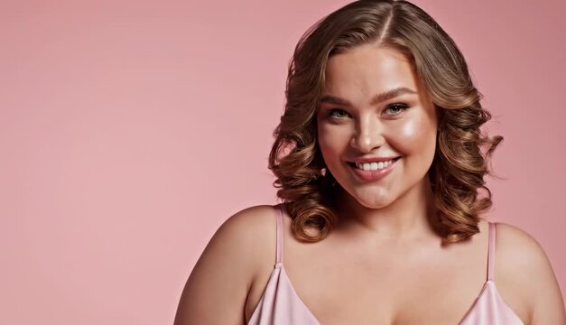 Charming plus-size model with Hollywood waves smiling on a pink background. Portrait of a confident young woman in a pale pink spaghetti strap top