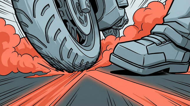 Comic style illustration of a motorcycle wheel and rider boot making red smoke on asphalt, perfect for motorsport action banners, extreme biker posters or retro pop art racing designs