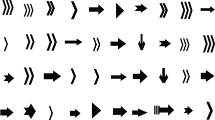 A wide variety of essential black arrow indicators arranged neatly against a bright, clear white surface © designboundary