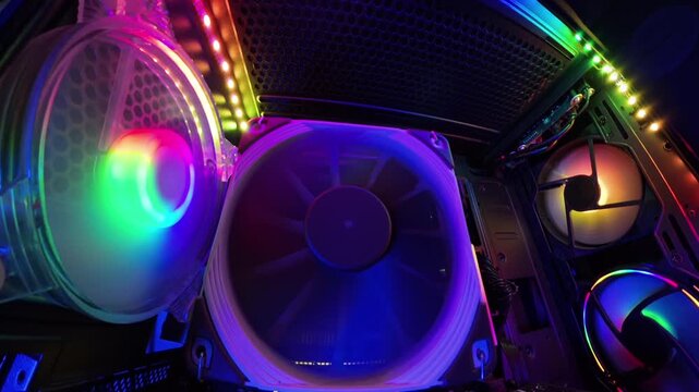 A smooth slider shot inside a gaming PC, focusing on the vibrant RGB-lit cooling fans and hardware components. The camera movement highlights the detailed fans and illuminated setup, creating an immer