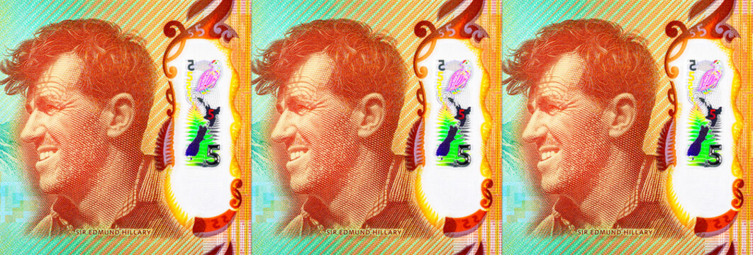 5 Dollar New Zealand Banknote Featuring Sir Edmund Hillary with Mount Cook in the background. New Polymer Money of New Zealand.