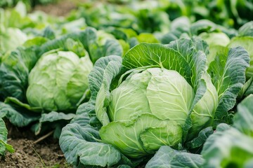 Fototapeta premium Ripe cabbage grows in a field during the day with sunlight shining on the leafy plants