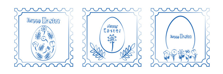 Obraz premium Set of Easter cards. Hand drawn blue line vector. Abstract geometric background. Eggs, spring flowers and decorations. For poster, postcard, scrapbooking, stickers.