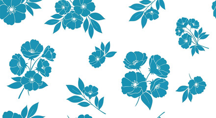 Obraz premium Seamless pattern featuring clusters of teal wild roses with delicate leaves and blooming flowers