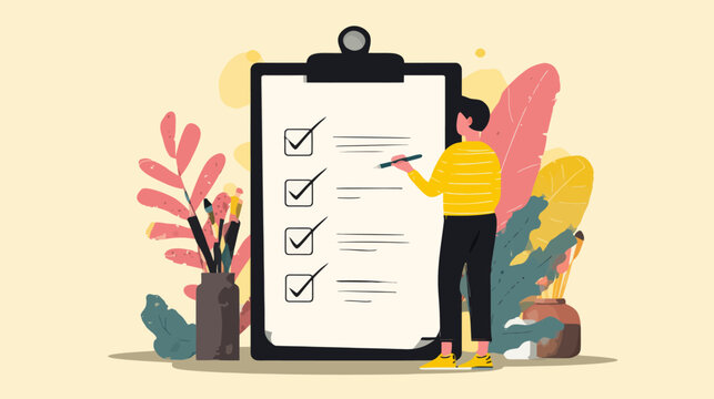 Female adult checking off items on a clipboard with colorful leaves and pencils