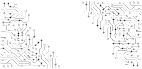 Obraz premium Abstract black and white vector illustration of a complex circuit board pattern with intricate lines and connection points, creating a modern technological background design.