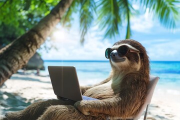 Obraz premium Freelancer sloth works on laptop at tropical beach under sunlight with palm trees by the ocean in the afternoon