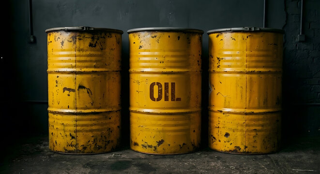 Three yellow industrial oil barrels against a dark wall, generative AI