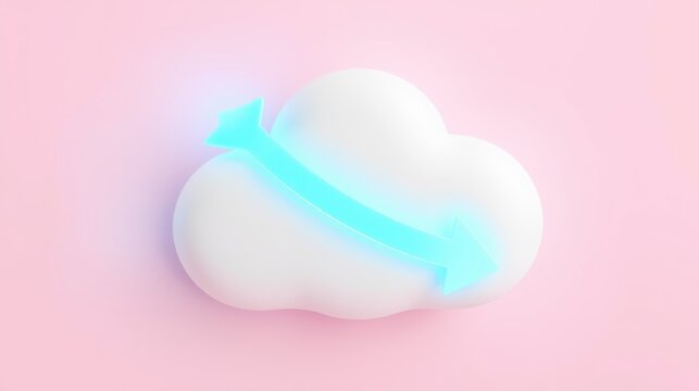White cloud shape with bright blue arrow passing through it. Pink background provides soft contrast. Simple, clean design.