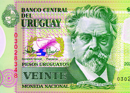 20 Uruguay Pesos banknote. Polymer money with portrait of famous poet Juan Zorrilla de San Martіn. Uruguay money.