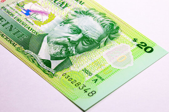 20 Uruguay Pesos banknote. Polymer money with portrait of famous poet Juan Zorrilla de San Martіn. Uruguay money.