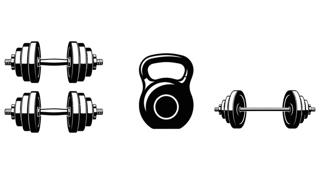 Black and white illustration of dumbbells and kettlebell for weight training