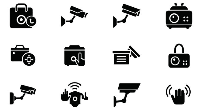 Various security icons including cameras and alarm systems