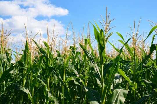 Sunlight shines on tall sweet corn stalks in a field under a clear blue sky during the growing season