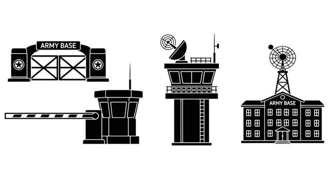 Black and white illustration of various army base structures and buildings