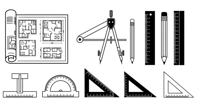 Various drawing tools and stationery for architecture and engineering design