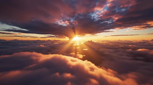 Flying above clouds during evening with timelapse by VSRExport showing sunset and light rays