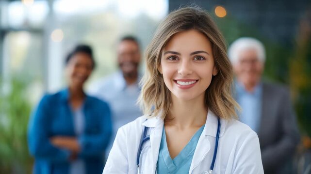 Portrait of a cheerful woman doctor in a white coat with a stethoscope, symbolizing trust and expertise in healthcare. Diverse medical staff in the background highlights teamwork and inclusivity