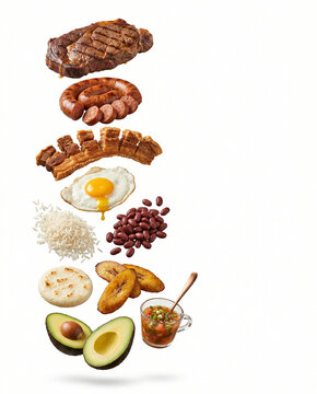 Colombian Bandeja Paisa Exploded Floating Ingredients White with Copy Space