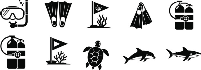 Scuba diving icons collection with snorkel mask, fins, oxygen tanks and marine animals isolated on white background for underwater adventure and ocean exploration design © MdAbuBakkar
