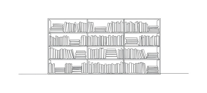 Library Bookshelves. Minimalistic one-line drawing long bookshelf with multiple levels of books in a tidy arrangement, continuous single black line on white