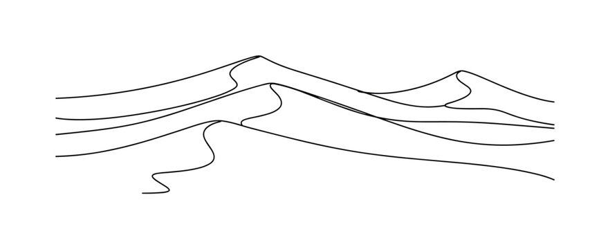 Minimal Sand Wave Scene. Minimalistic one-line drawing flowing dune lines creating abstract desert landscape, continuous single black line on white background,